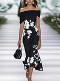 Ruffle Floral Print Sloping Shoulders Short-sleeved Midi Dress