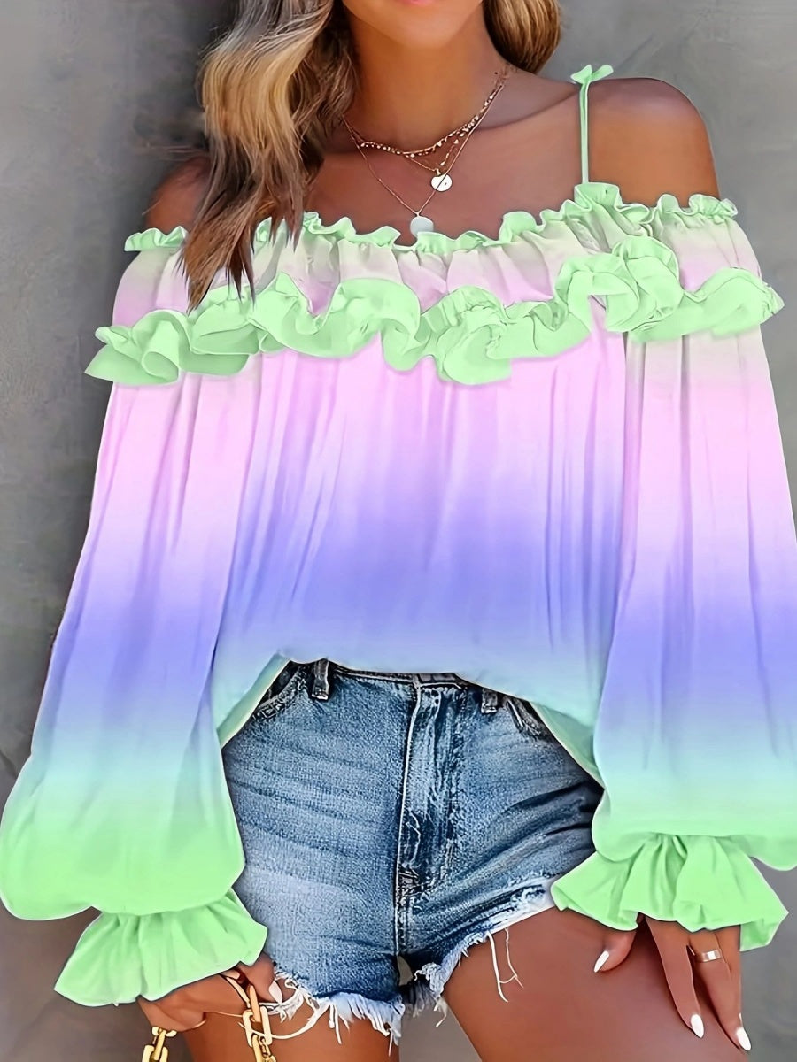 Off-shoulder Color-blocked Gradient Lace T-shirt