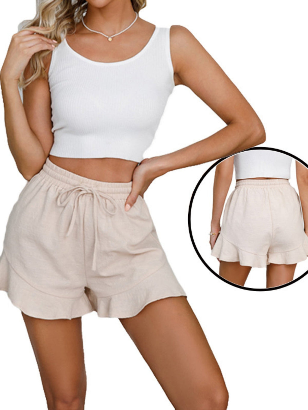Ruffle Elastic Waistband Drawstring Cotton And Linen Shorts