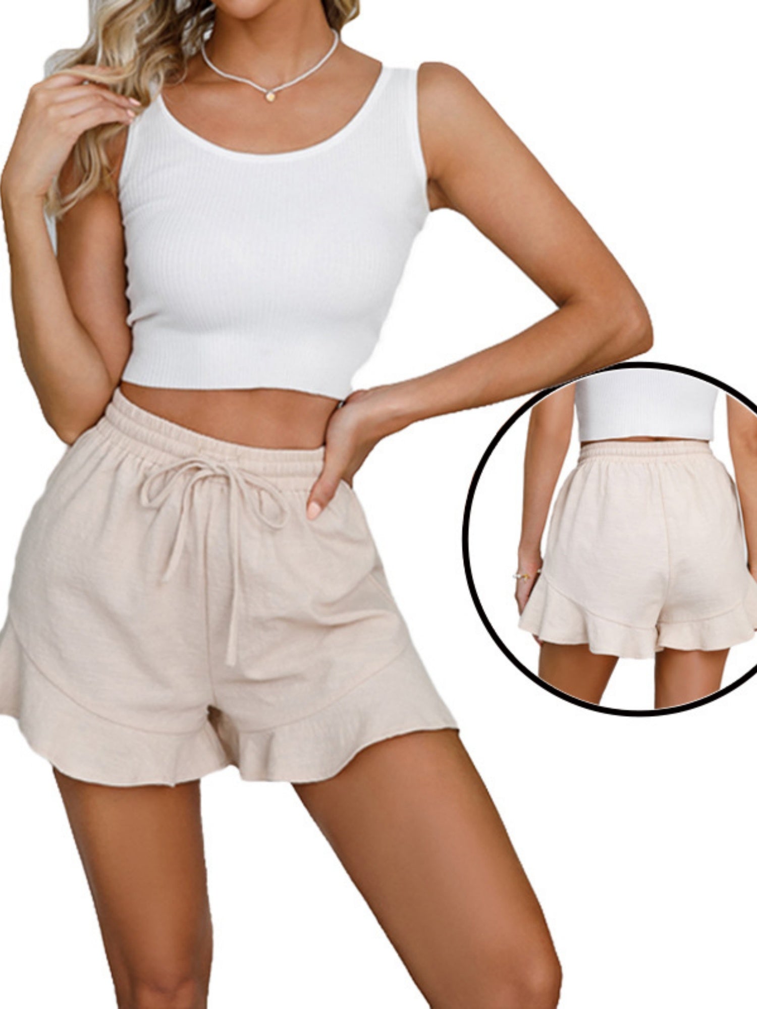 Ruffle Elastic Waistband Drawstring Cotton And Linen Shorts