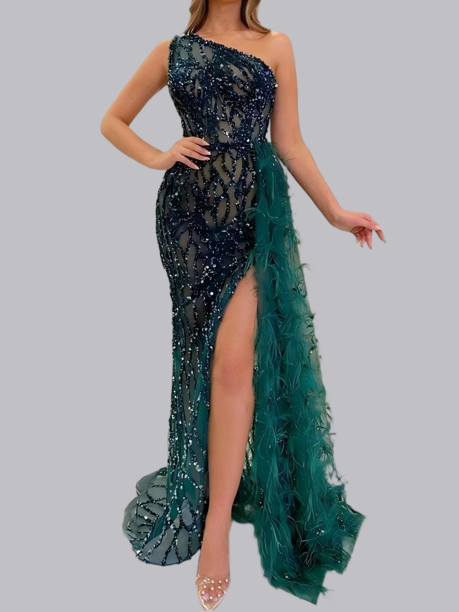Long Sleeveless Feather Glitter Maxi Dresses