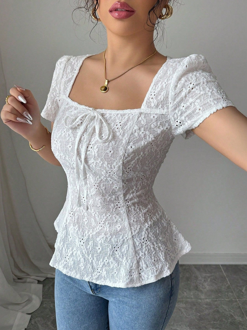 Lace Bow Tie Square Neck Short Sleeve T-shirts