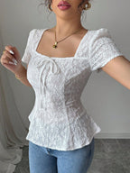 Lace Bow Tie Square Neck Short Sleeve T-shirts