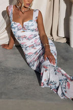 Square Neck Keyhole Cutout Ruched Floral Mermaid Flounce Hem Midi Dress