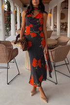 Cowl Neck Backless Floral Print Maxi Dress with Scarf