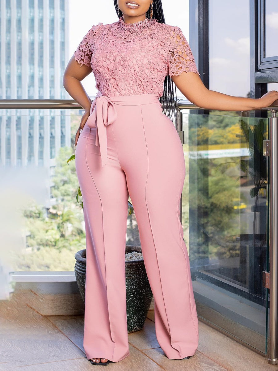 Lace Trim Hollow Short Sleeve Bandage High Waist Wide Leg Jumpsuits