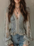 Lace-trimmed Puff-sleeved Fitted Shirt