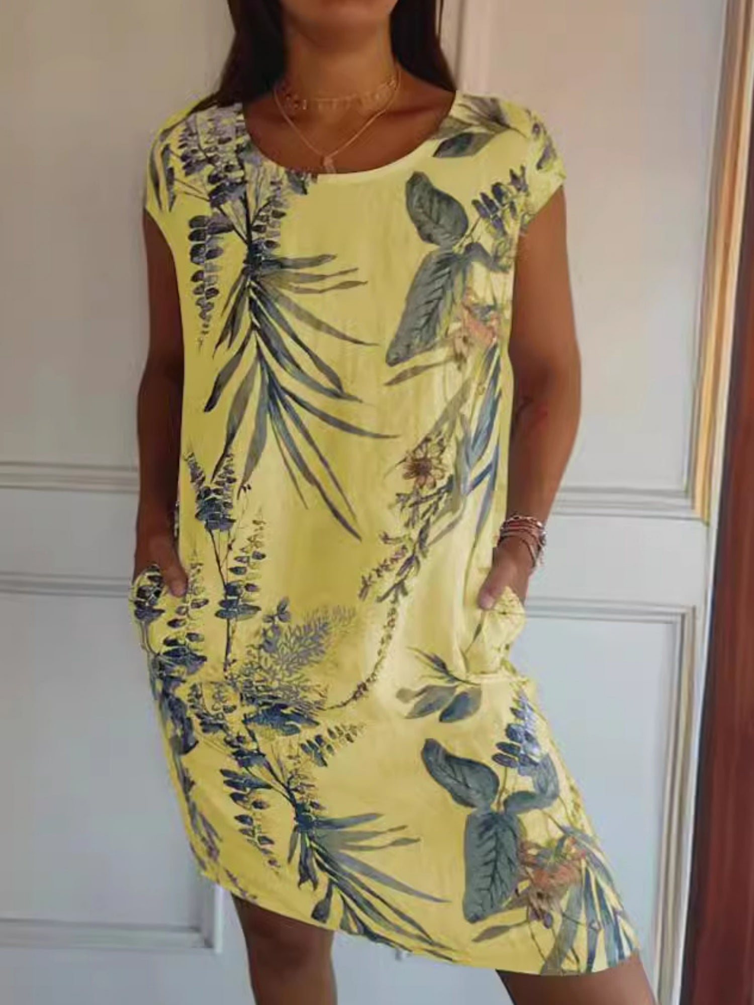 Printed Cotton And Linen Pocket Crew Neck Short Sleeve Mini&Short Dresses