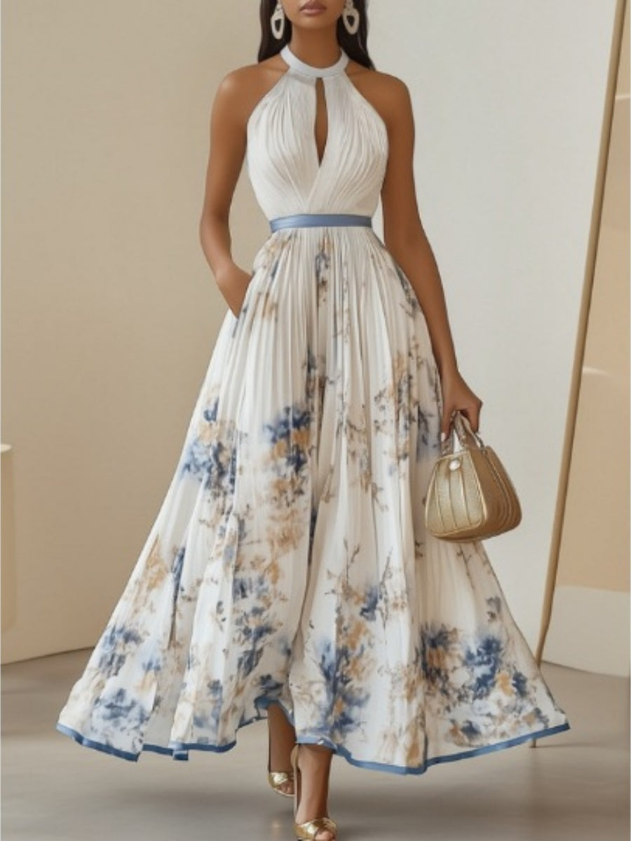 Plants And Flowers Printed Halter Hollow Crimp V-neck Maxi Dresses