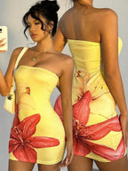 Floral Print Strapless Bodycon Mini&Short Dresses