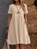 Retro Loose-fitting Pocket Solid Color Round Neck Cotton Linen Short Dress