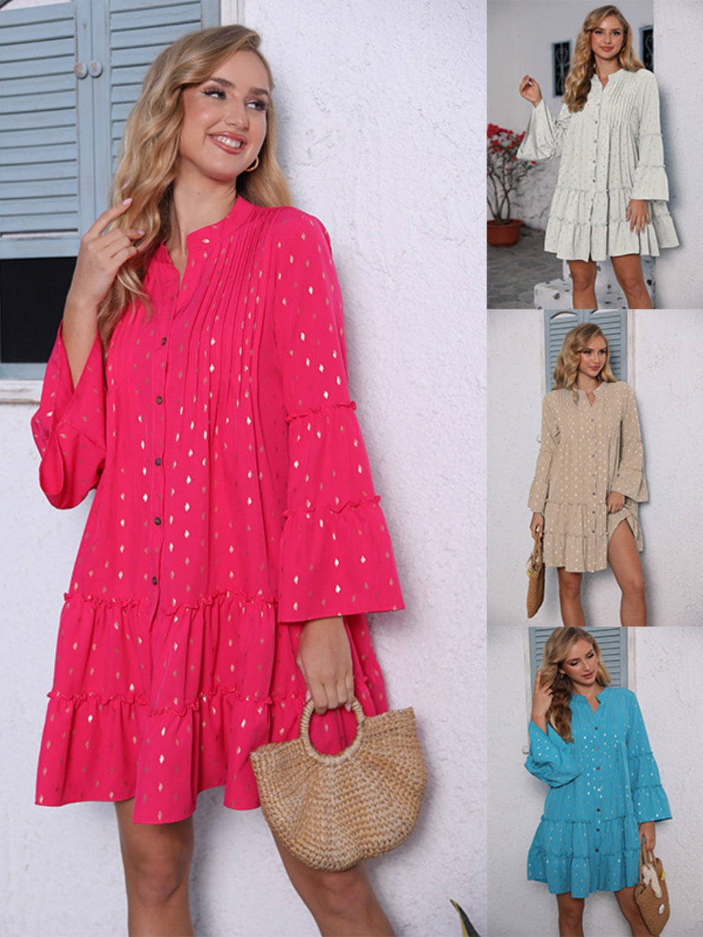 Hot Stamping Crimp  Flare Sleeve Buttons Mini&Short Dresses