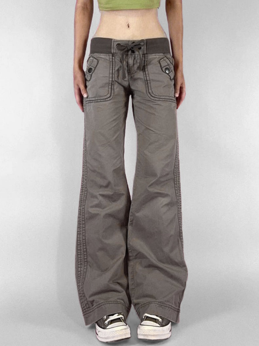 Retro Pocket Color-blocked Ribbed Low-rise Jeans
