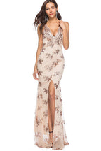 Deep V-Neck Floral Sequin Mesh Overlay High Slit Maxi Gown