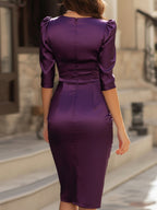 Elegant Purple Satin Ruched Midi Dress With Puff Sleeves
