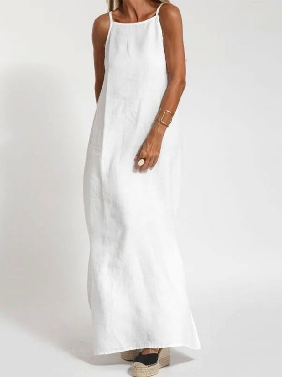 Cotton Linen Slit Spaghetti Strap Long Dress