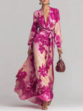 Floral Chiffon Long-sleeved V-neck Tie-waist Maxi Dress