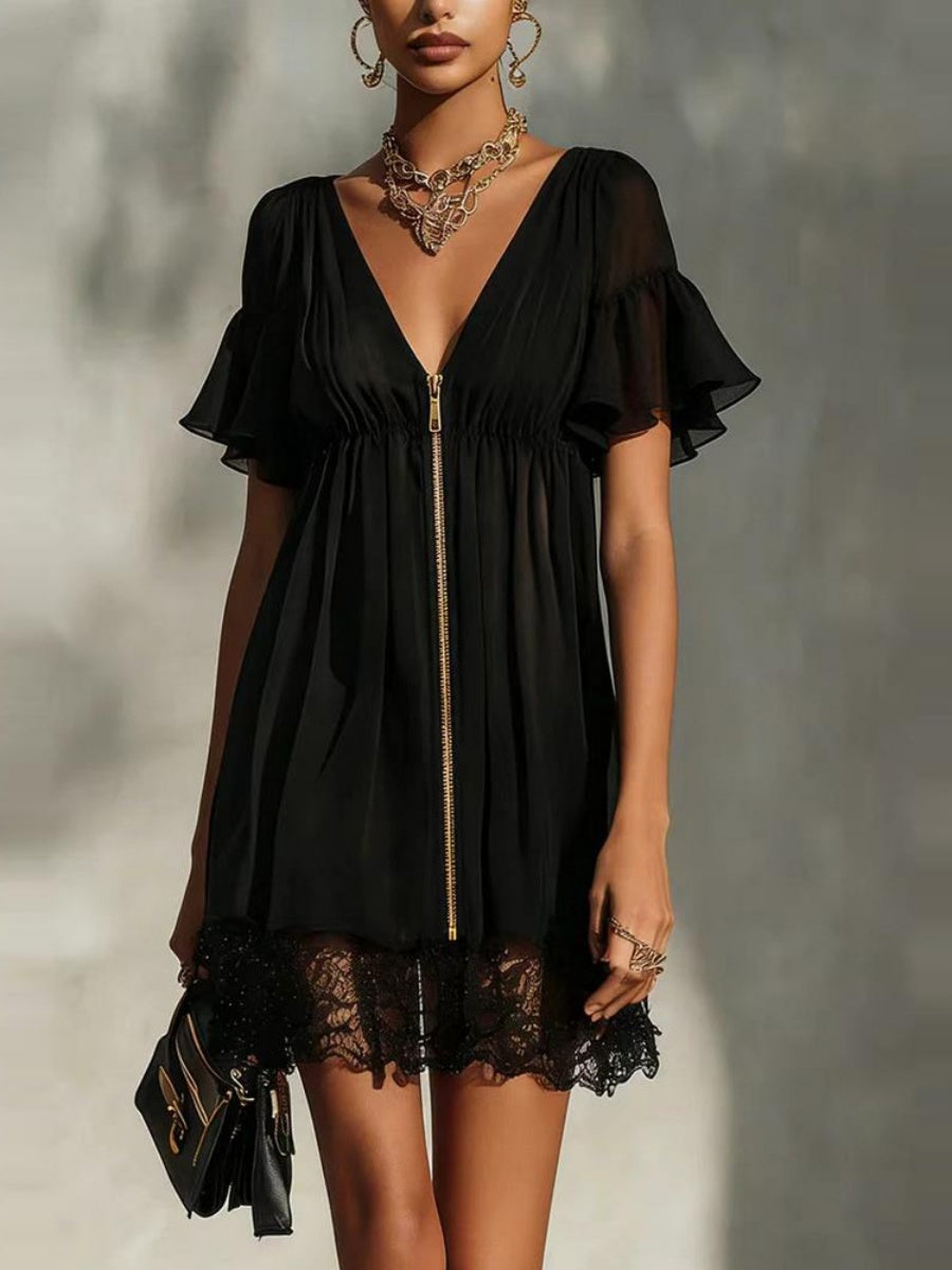 V-neck Zipper Cardigan Lace Splicing Mini&Short Dresses
