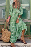 Geometric Lattice Print V-Neck Puff Sleeve Tiered Maxi Dress