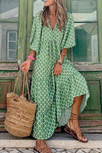 Geometric Lattice Print V-Neck Puff Sleeve Tiered Maxi Dress
