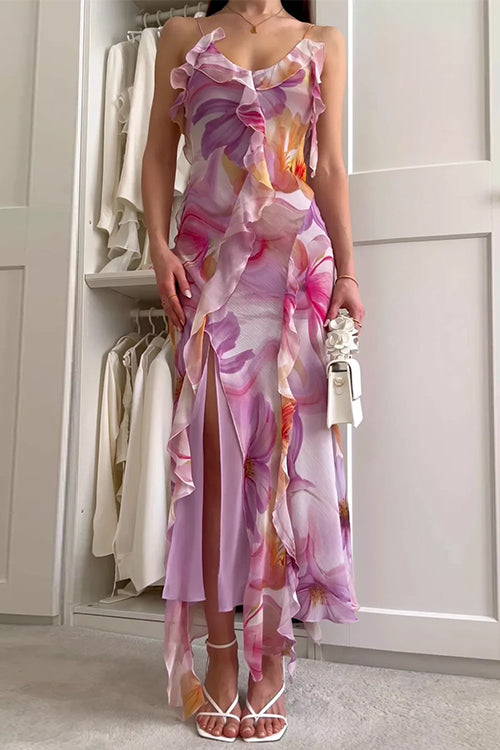 V Neck Backless Ruffle Trim Slit Floral Print Maxi Cami Dress