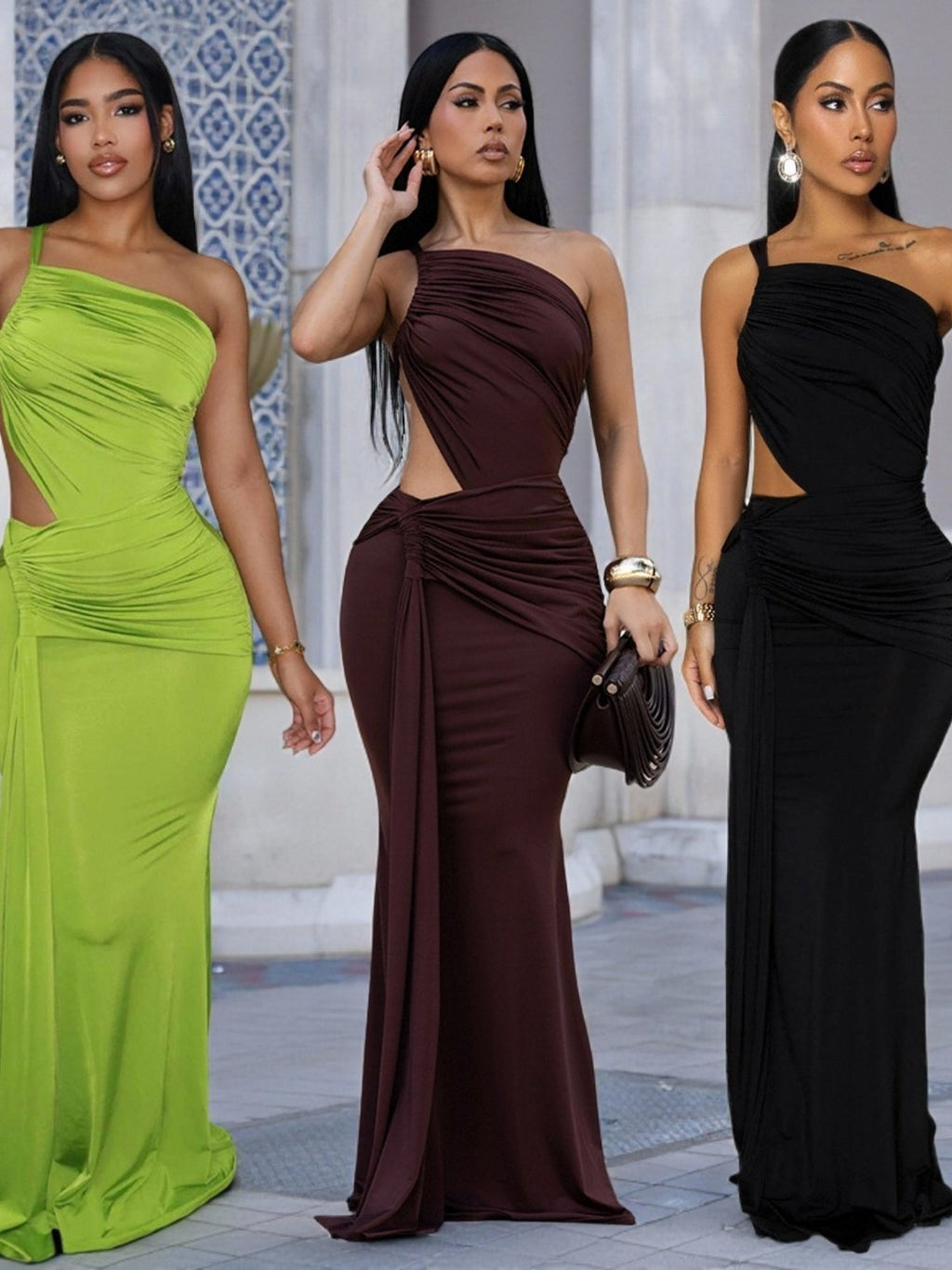 Ribbon Pleated One Shoulder Backless Maxi Dresses