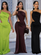 Ribbon Pleated One Shoulder Backless Maxi Dresses