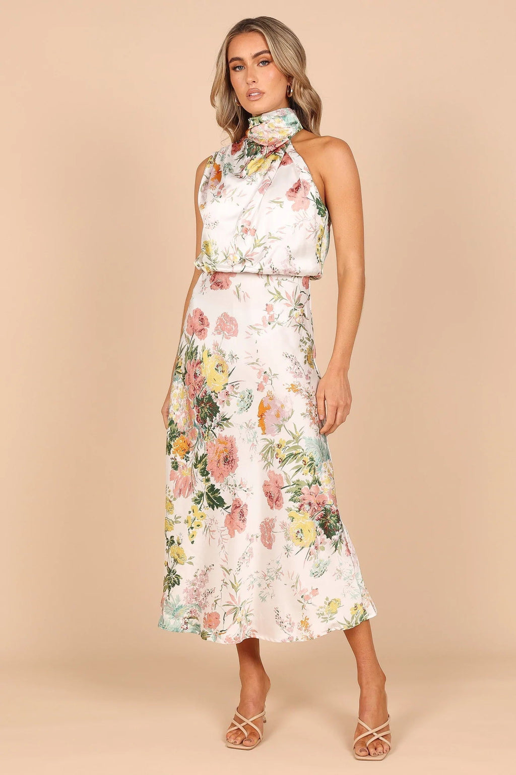 Satin Floral Print Halter Neck Cowl Neck Two Piece Set