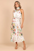 Satin Floral Print Halter Neck Cowl Neck Two Piece Set