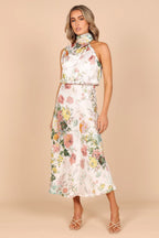Satin Floral Print Halter Neck Cowl Neck Two Piece Set