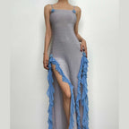 Textured ruffle slit contrast flower applique maxi dress - Final Sale