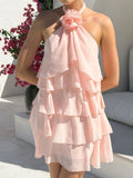 3D Flowers Halter Neck And Backless Layered Ruffles Sweet Mini&Short Dresses