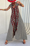 V Neck Color Block Plaid Swing Maxi Dress