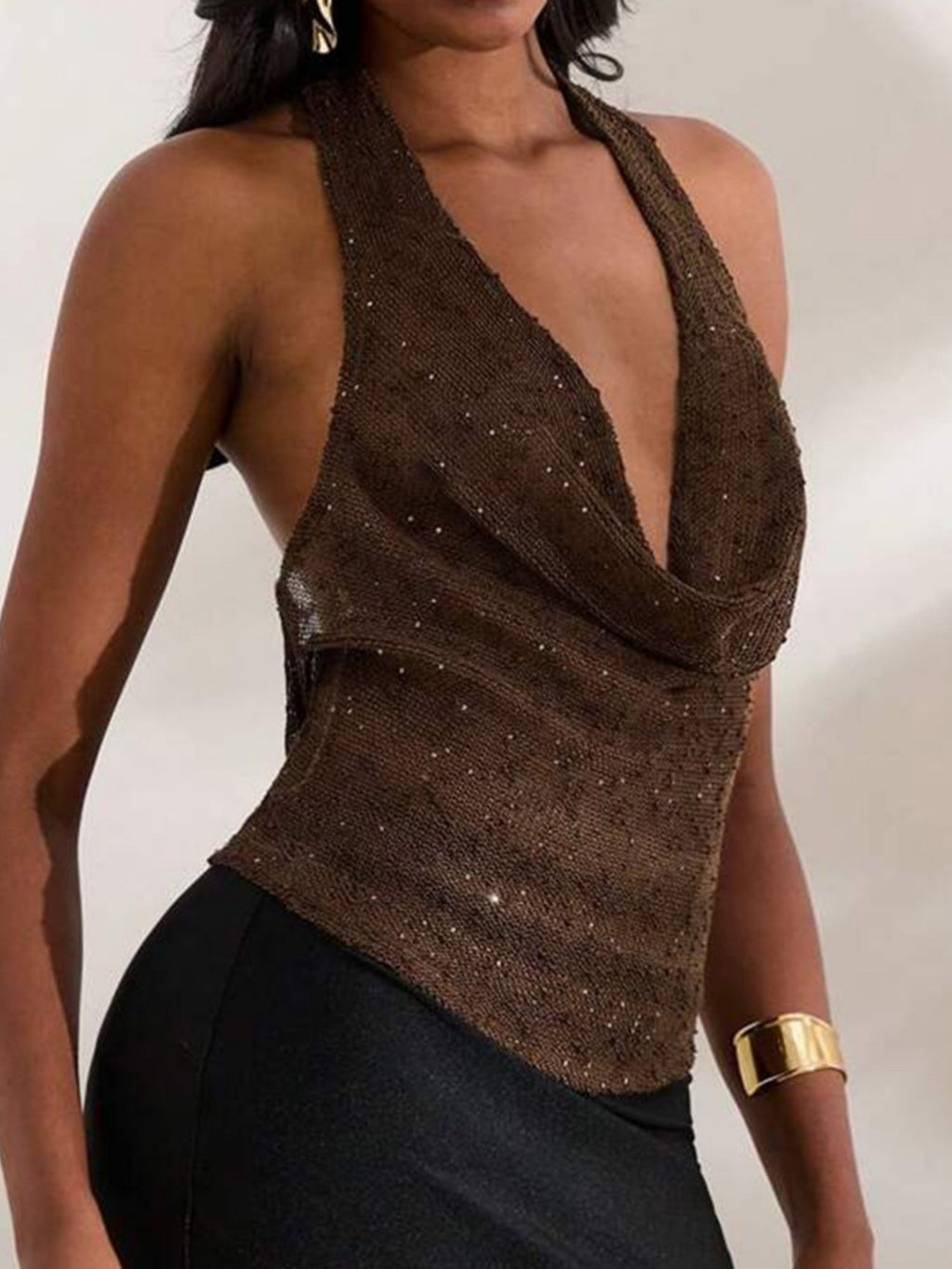 Glitter See-through Sway Neck Backless Tank Tops