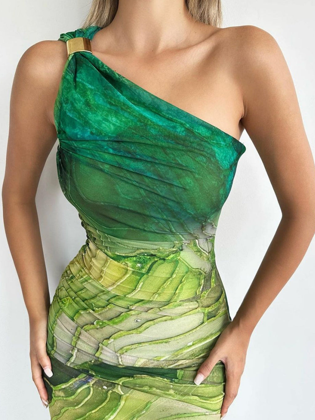 Printed Mesh Sloping Shoulders Maxi Dresses