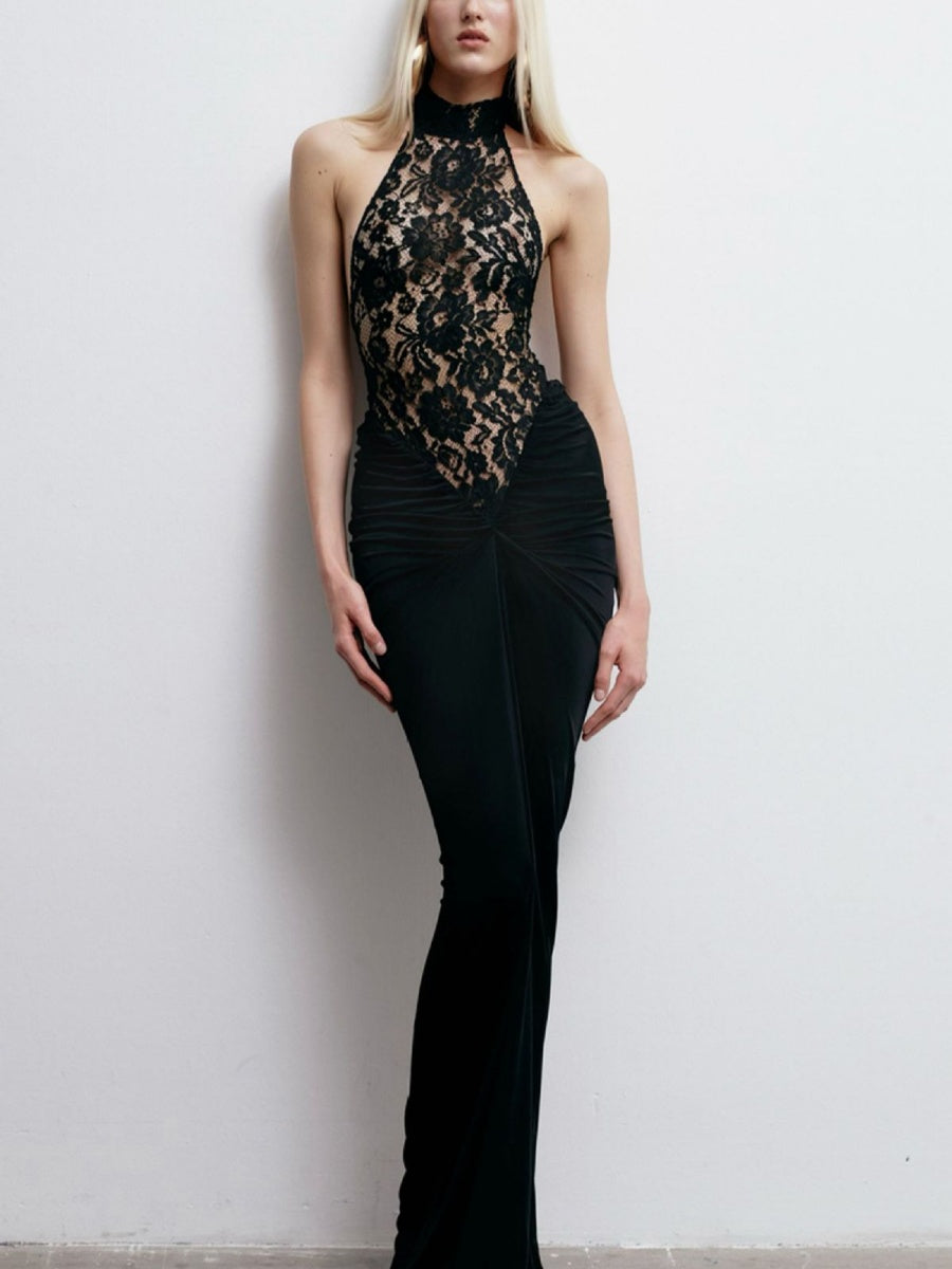 Lace Halter Black Sexy Backless Formal Dress Banquet Parties Maxi Dresses