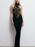 Lace Halter Black Sexy Backless Formal Dress Banquet Parties Maxi Dresses