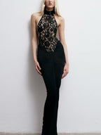 Lace Halter Black Sexy Backless Formal Dress Banquet Parties Maxi Dresses