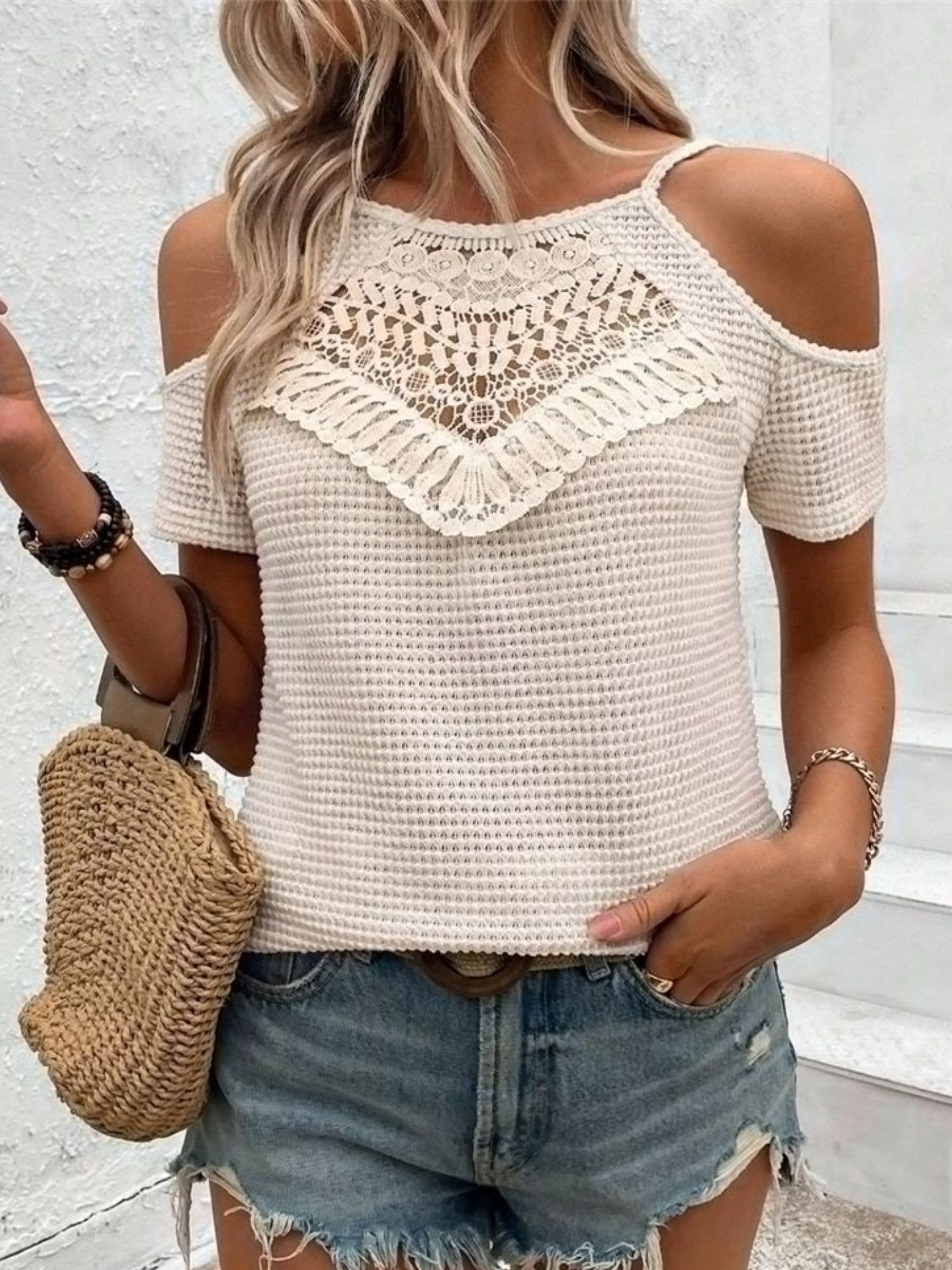 Crochet Splicing Cutout Off-shoulder Knitted T-shirt