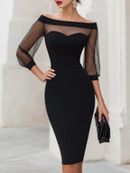 Off-the-shoulder Mesh-paneled Fitted Midi Dress