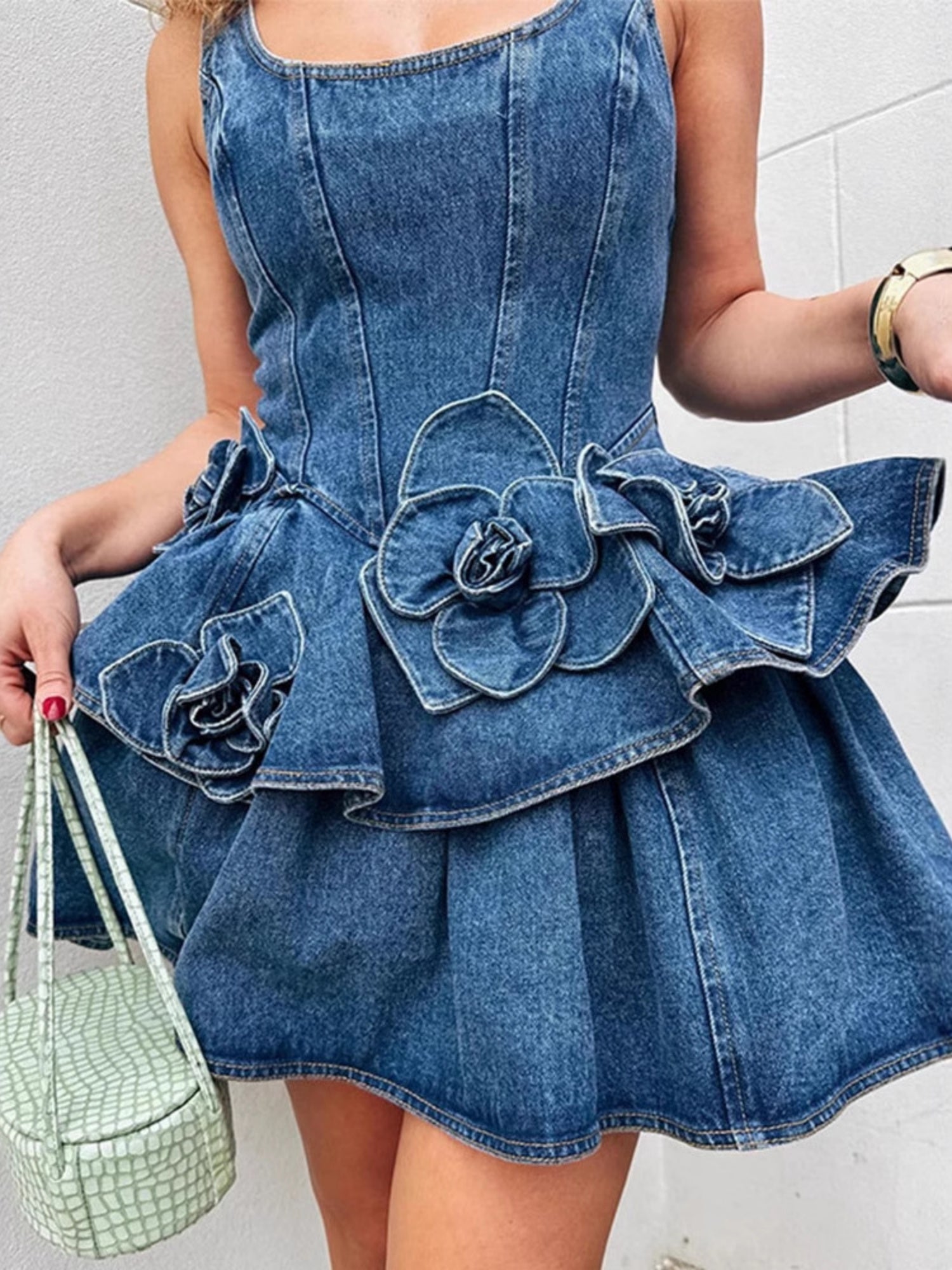 Denim 3D Flowers Tutu Spaghetti Strap Waist Mini&Short Dresses