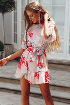 Boat Neck Ruffle Cuff Self Tie Waist Floral Ruffle Hem Mini Dress