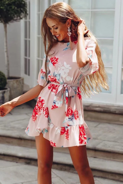 Boat Neck Ruffle Cuff Self Tie Waist Floral Ruffle Hem Mini Dress
