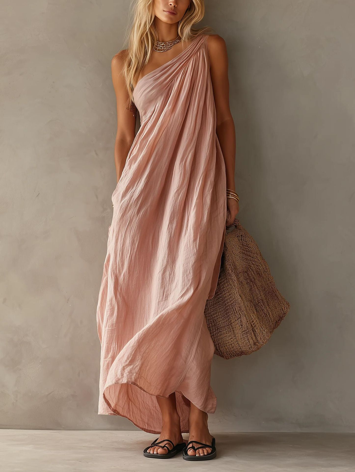 Cotton And Linen Blend One-shoulder Sleeveless Resort-style Long Dress