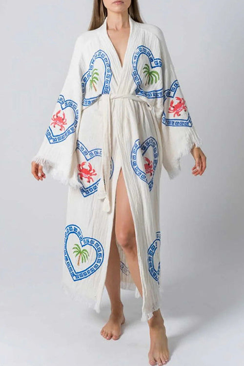 Raw Hem Tie Waist Printed Beach Vacation Kimono Maxi Dress