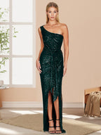 One-shoulder Tie-up Pleated Sweet And Spicy Sequined Dress