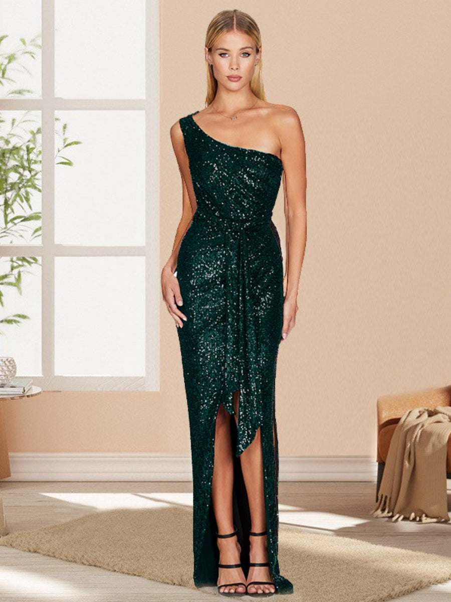 One-shoulder Tie-up Pleated Sweet And Spicy Sequined Dress