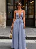 Stripes Backless V-neck Sleeveless Maxi Dresses