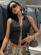 PU Leather Zipper Stand-up Collar Sleeveless Tank Tops