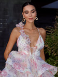 Three-dimensional Floral Print Backless Tie-up Short Dress